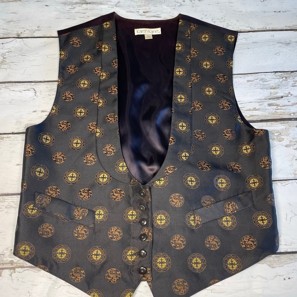 Vintage Karen Kane Baroque Pattern Vest Black Gold Medallion Satin L USA 1980’s